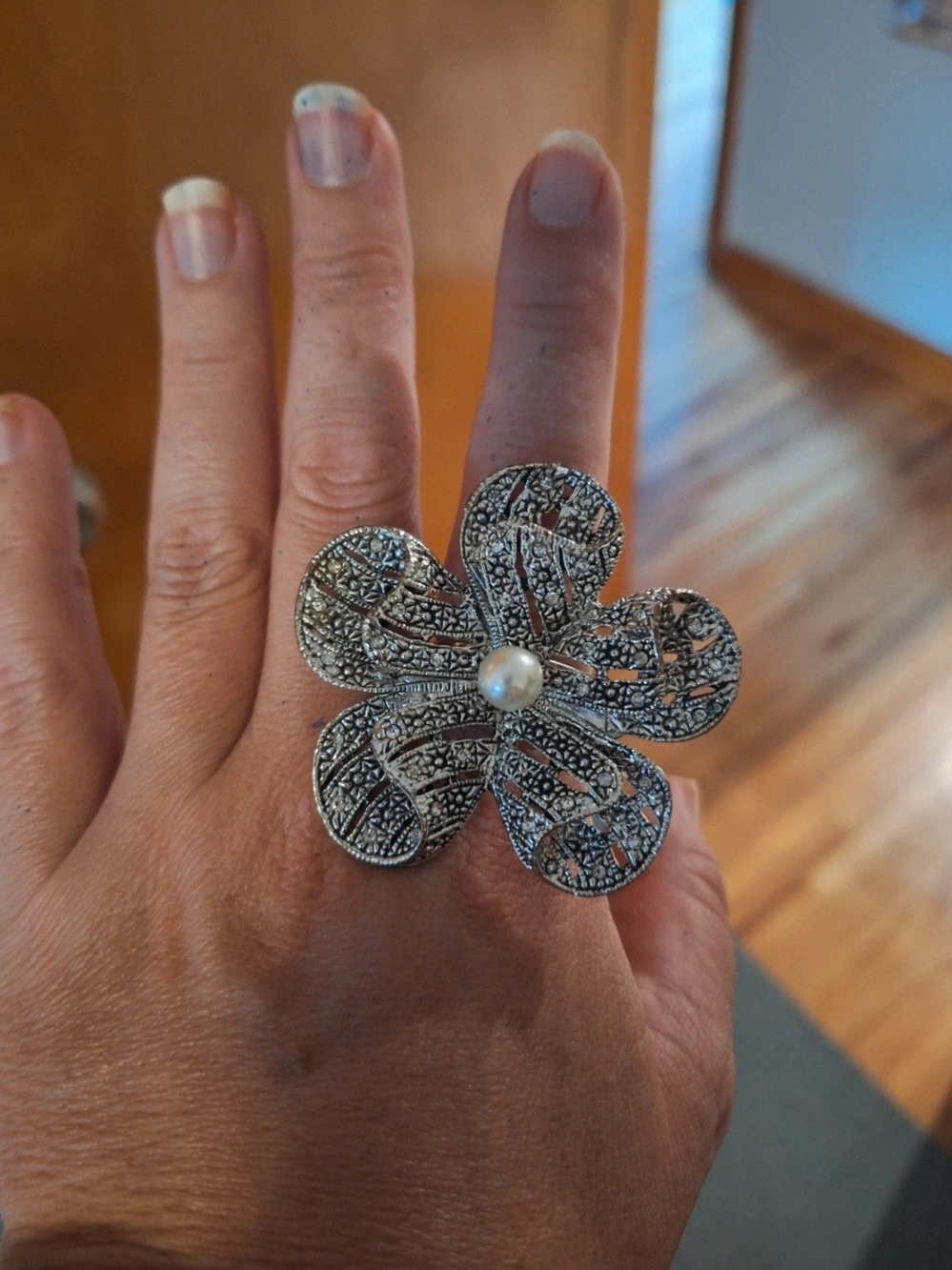 Silver Floral Statement Ring with Pearl Center - Women Jewelry